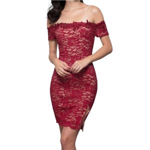 Sequin Hearts Off Shoulder Lace Sheath Dress in Wine Red Sparkle, EUC, sz 7